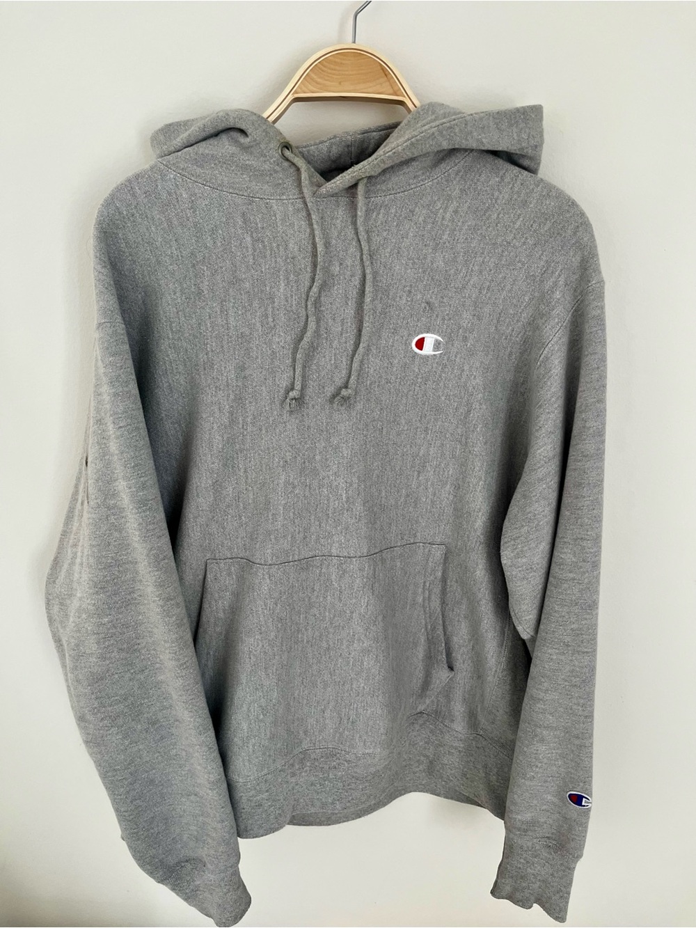Champion Gray Hooded Crewneck with Small C Logo